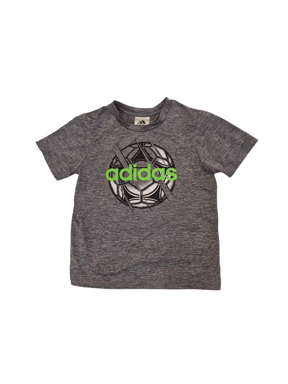 adidas Heather Gray Tee with Neon Green Logo and Soccer Graphic